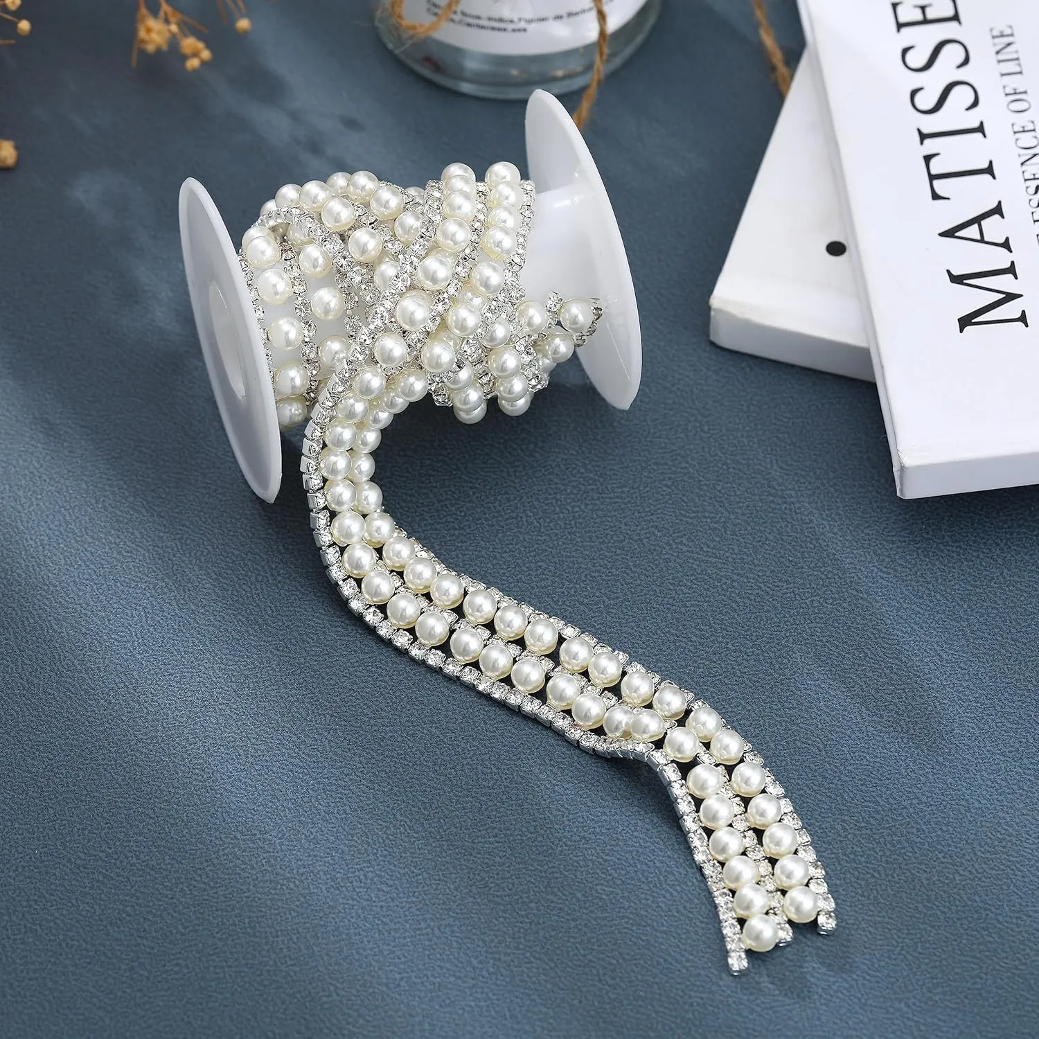 1 Yard Pearl Beaded Trim Crystal Rhinestone Applique Chain Pearl Beaded Trim for Sewing, Crafts, DIY Decoration, Wedding，Clothing