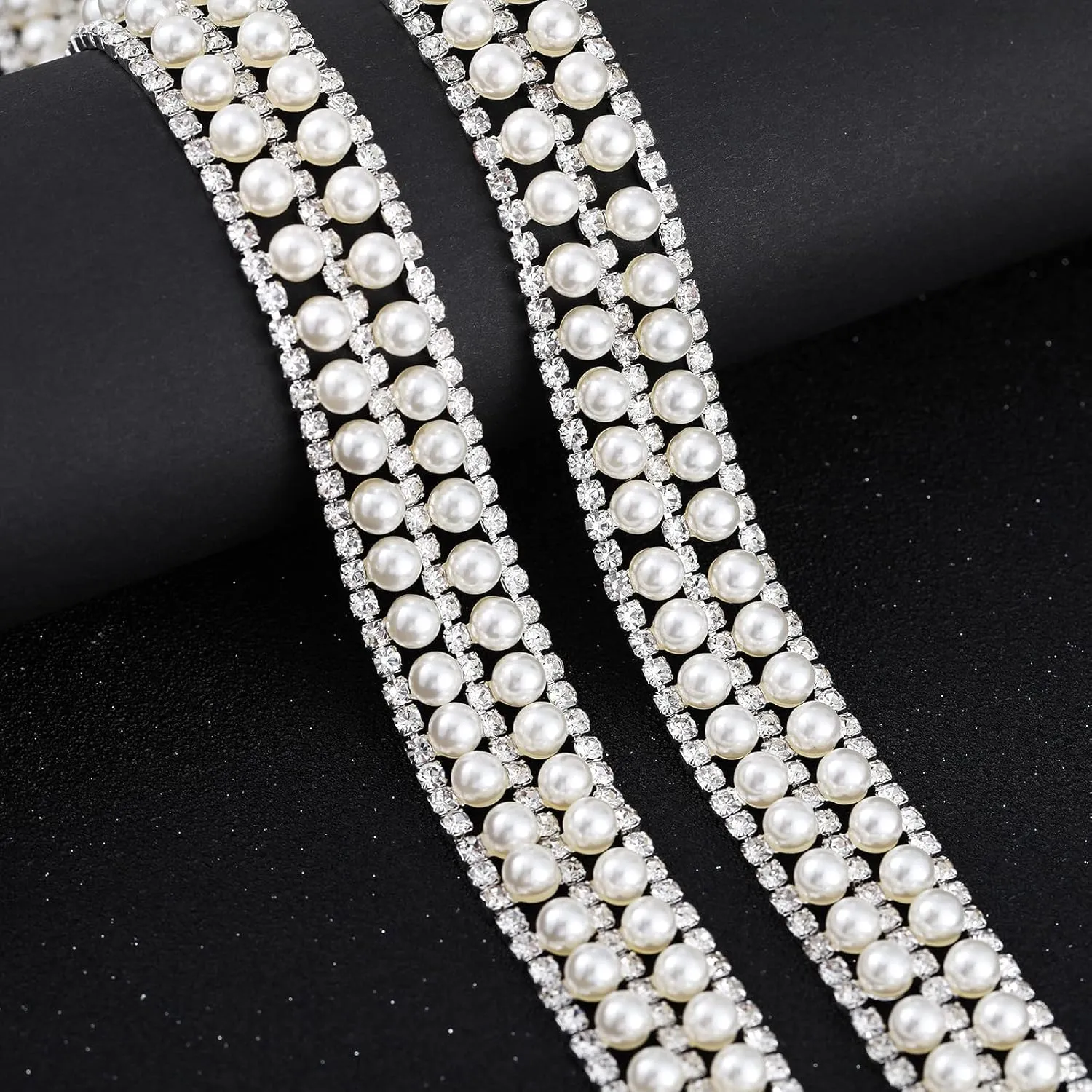 1 Yard Pearl Beaded Trim Crystal Rhinestone Applique Chain Pearl Beaded Trim for Sewing, Crafts, DIY Decoration, Wedding，Clothing