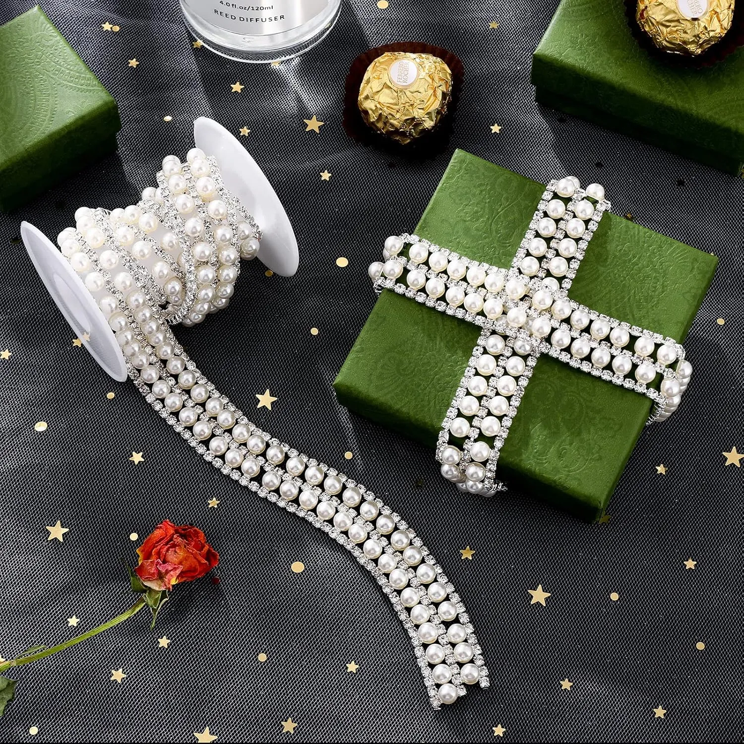 1 Yard Pearl Beaded Trim Crystal Rhinestone Applique Chain Pearl Beaded Trim for Sewing, Crafts, DIY Decoration, Wedding，Clothing