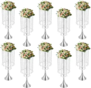 10 Pcs Crystal Flower Stand Set, 22In Flower Vase Chandelier Wedding Tall Centerpieces Stand with Diamond Pendants ＆ Hand-Strung Beads for Lawn Hotel Opening Ceremony Banquet Decor (Silvery)