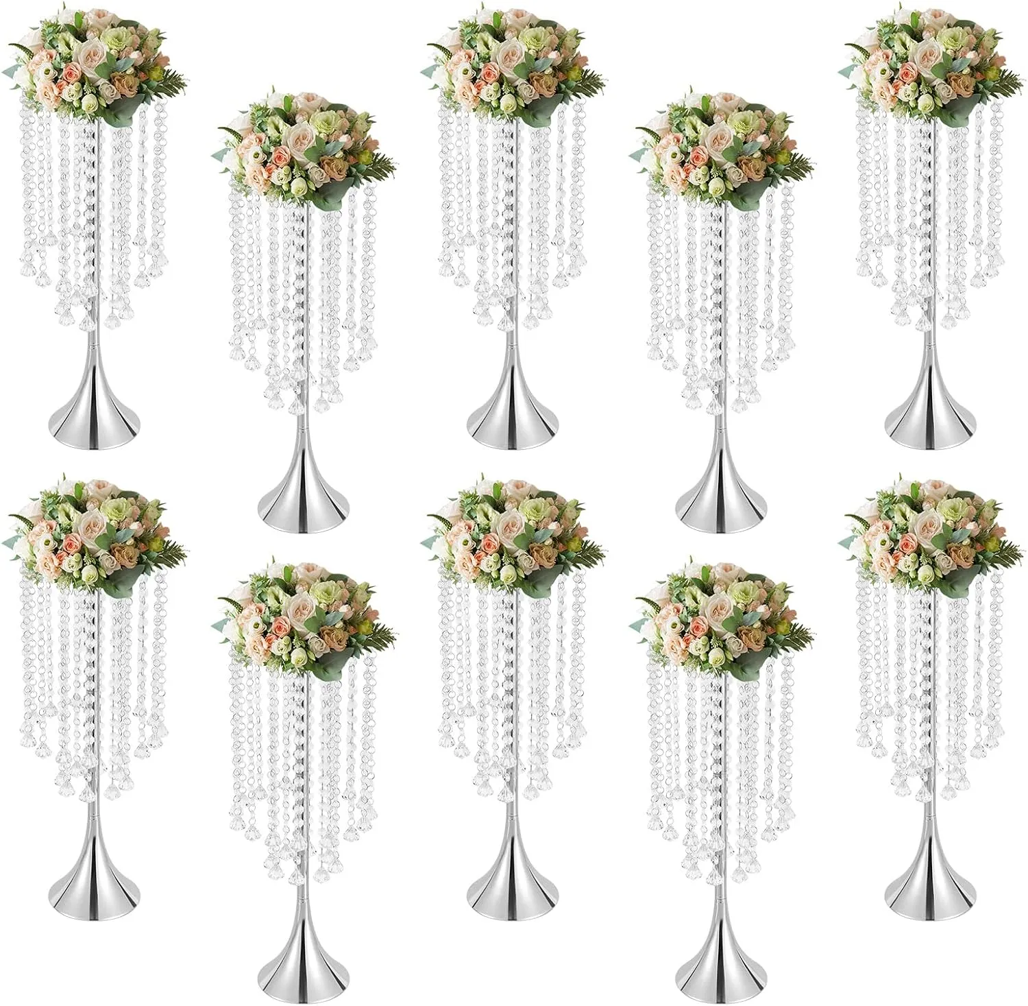 10 Pcs Crystal Flower Stand Set, 22In Flower Vase Chandelier Wedding Tall Centerpieces Stand with Diamond Pendants ＆ Hand-Strung Beads for Lawn Hotel Opening Ceremony Banquet Decor (Silvery)