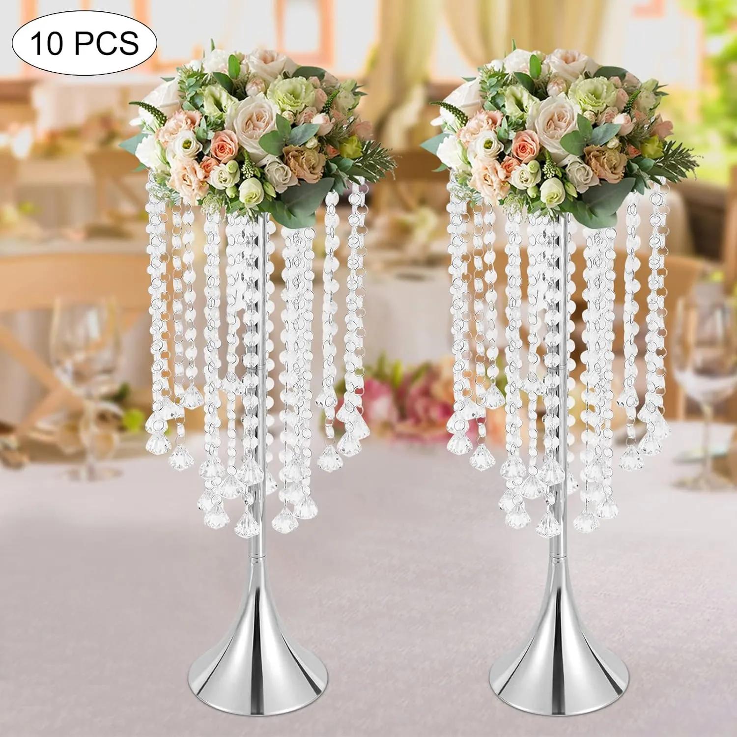 10 Pcs Crystal Flower Stand Set, 22In Flower Vase Chandelier Wedding Tall Centerpieces Stand with Diamond Pendants ＆ Hand-Strung Beads for Lawn Hotel Opening Ceremony Banquet Decor (Silvery)