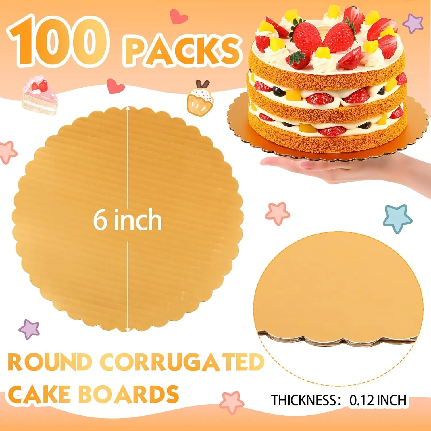 100 Pack Gold Cake Round Board Circle Base Boards Disposable Plate Scalloped Bases Round Coated Circle Trays Base Boards for Dessert Party Supplies(6 Inch)
