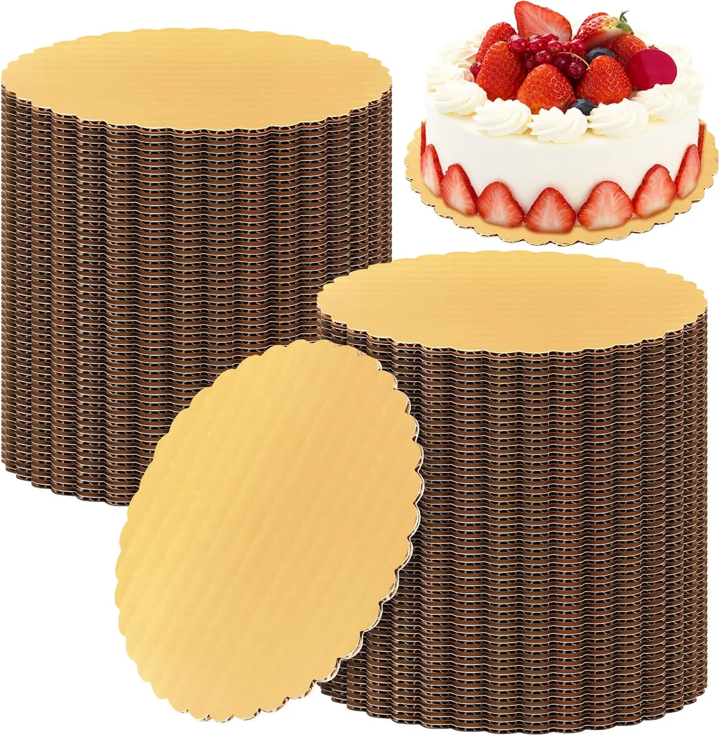 100 Pack Gold Cake Round Board Circle Base Boards Disposable Plate Scalloped Bases Round Coated Circle Trays Base Boards for Dessert Party Supplies(6 Inch)