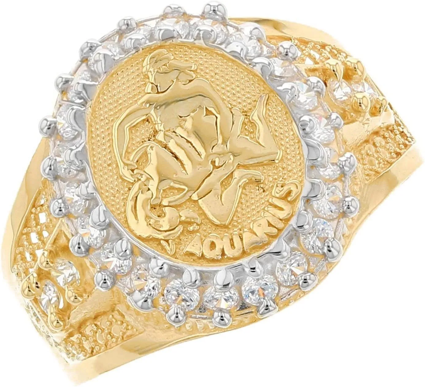 10k Solid Yellow Gold CZ Accented Men's Aquarius Zodiac Ring