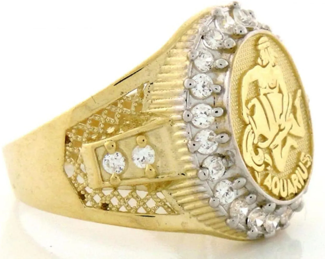 10k Solid Yellow Gold CZ Accented Men's Aquarius Zodiac Ring