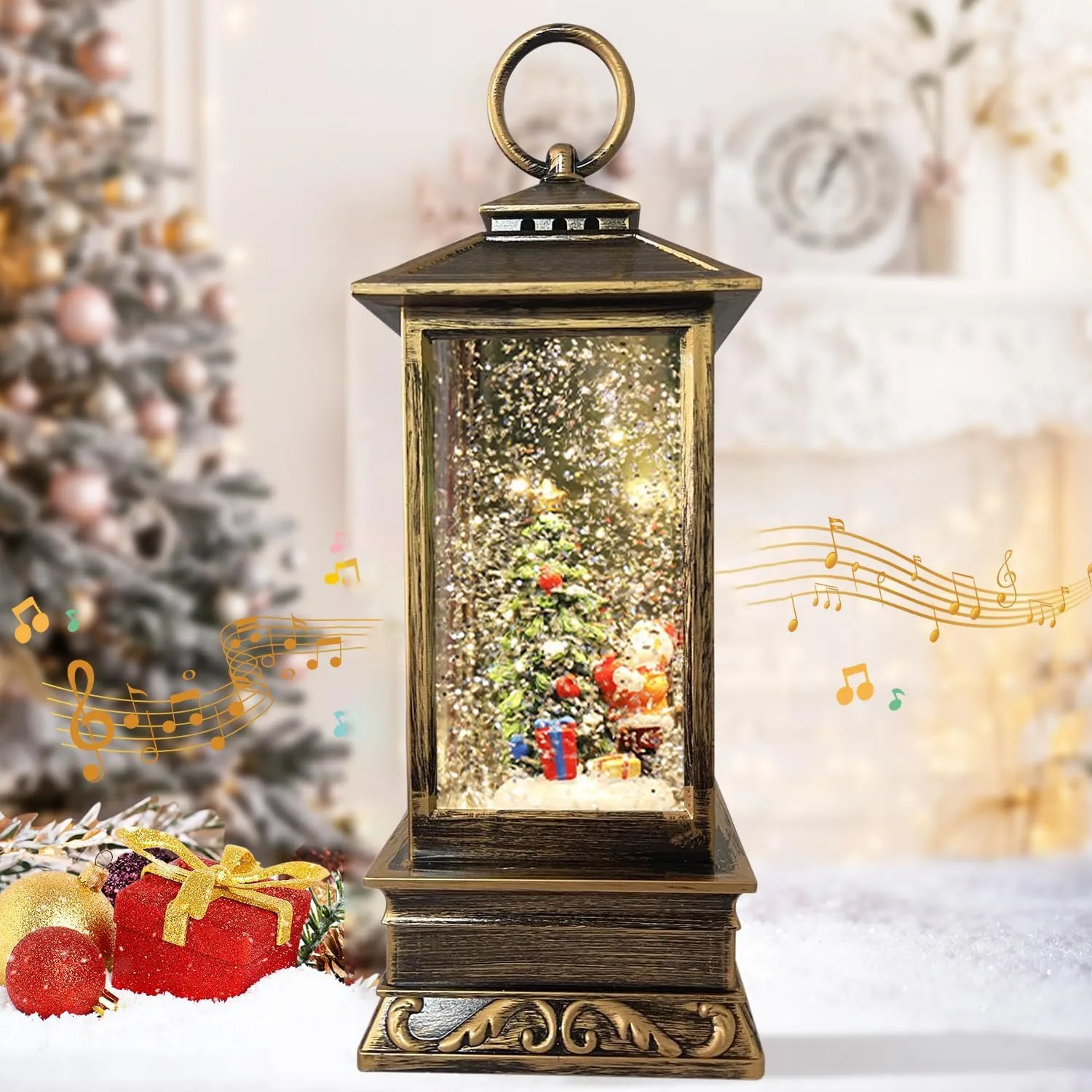 10" Christmas Snow Globe Lantern with Music, Glittering Christmas Tree Crown, Christmas Decorations Musical Snow Globe Lantern, Shimmering Music Box, USB and Battery Powered Christmas Decorations Gift