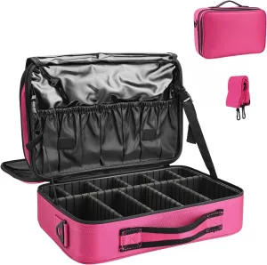 13.5 Inch Makeup Bag travel organizer Cosmetic Case Professional Artist Storage Bag with Adjustable Dividers for Women Cosmetics Brushes Toiletry, Hot Pink