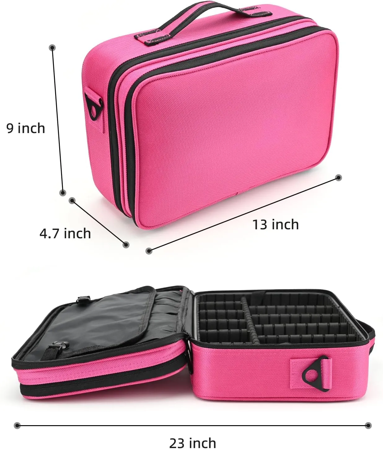 13.5 Inch Makeup Bag travel organizer Cosmetic Case Professional Artist Storage Bag with Adjustable Dividers for Women Cosmetics Brushes Toiletry, Hot Pink