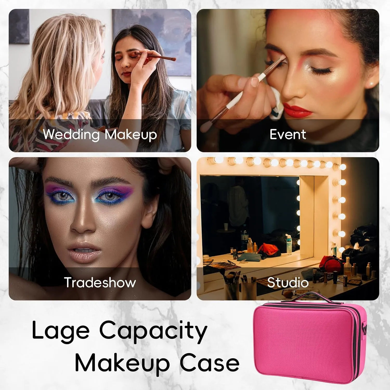 13.5 Inch Makeup Bag travel organizer Cosmetic Case Professional Artist Storage Bag with Adjustable Dividers for Women Cosmetics Brushes Toiletry, Hot Pink
