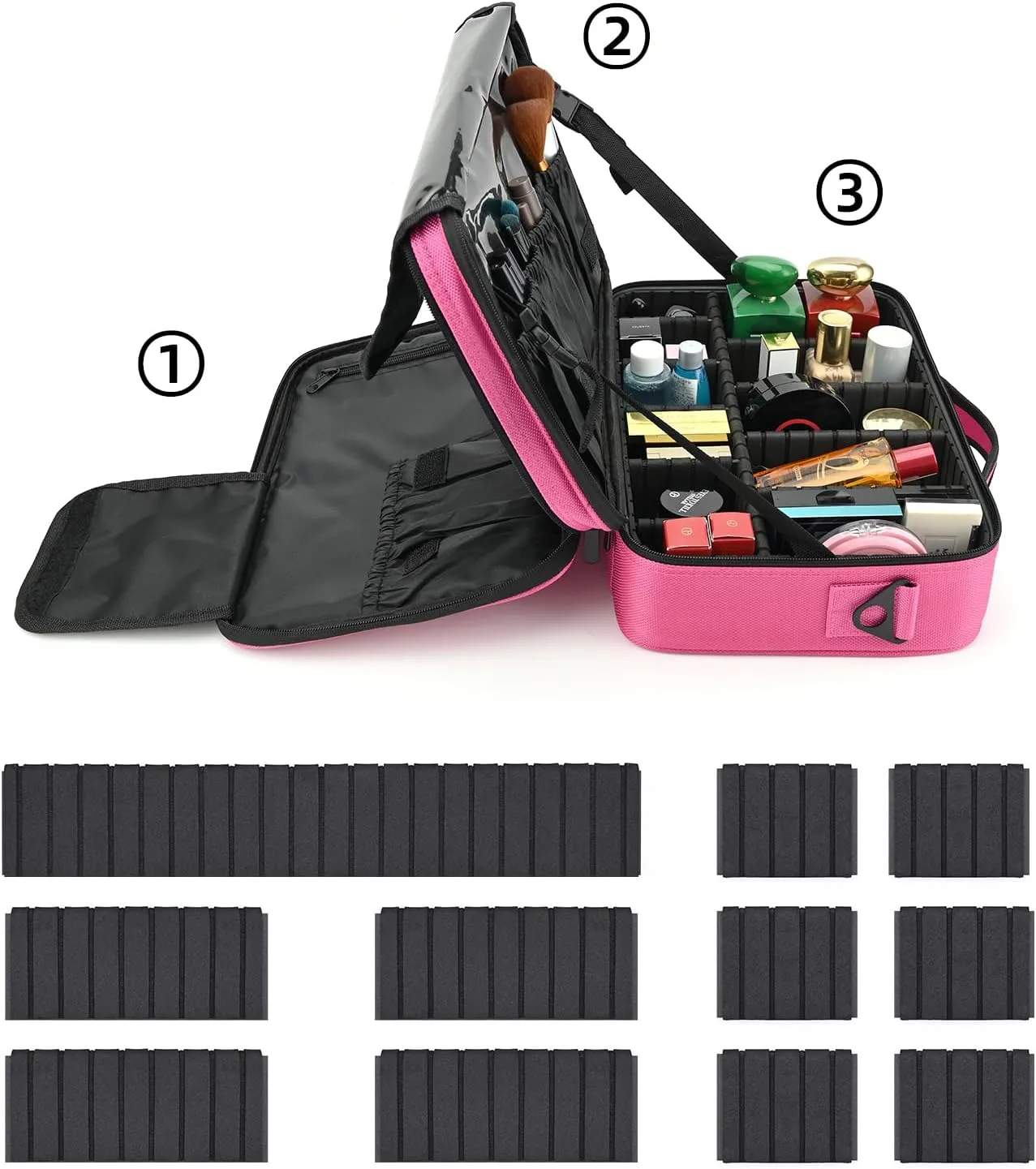 13.5 Inch Makeup Bag travel organizer Cosmetic Case Professional Artist Storage Bag with Adjustable Dividers for Women Cosmetics Brushes Toiletry, Hot Pink