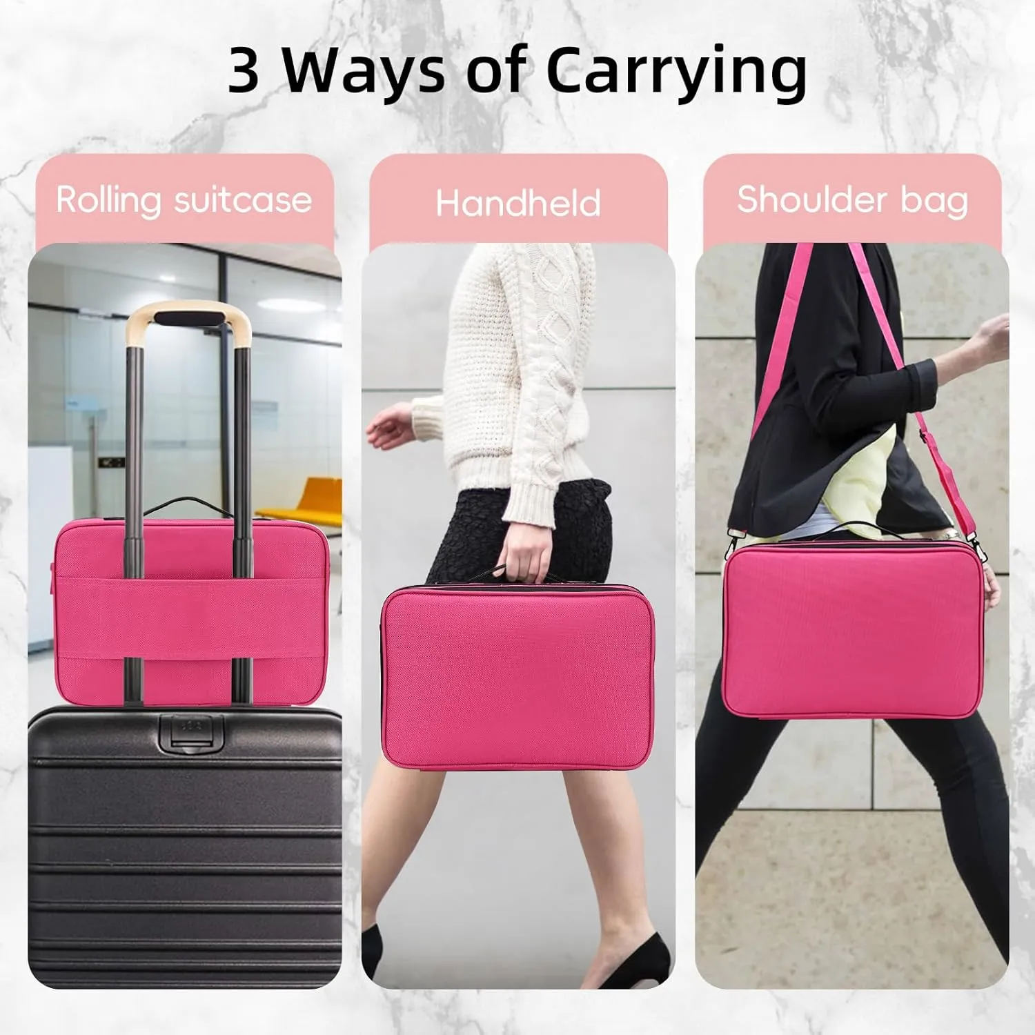13.5 Inch Makeup Bag travel organizer Cosmetic Case Professional Artist Storage Bag with Adjustable Dividers for Women Cosmetics Brushes Toiletry, Hot Pink
