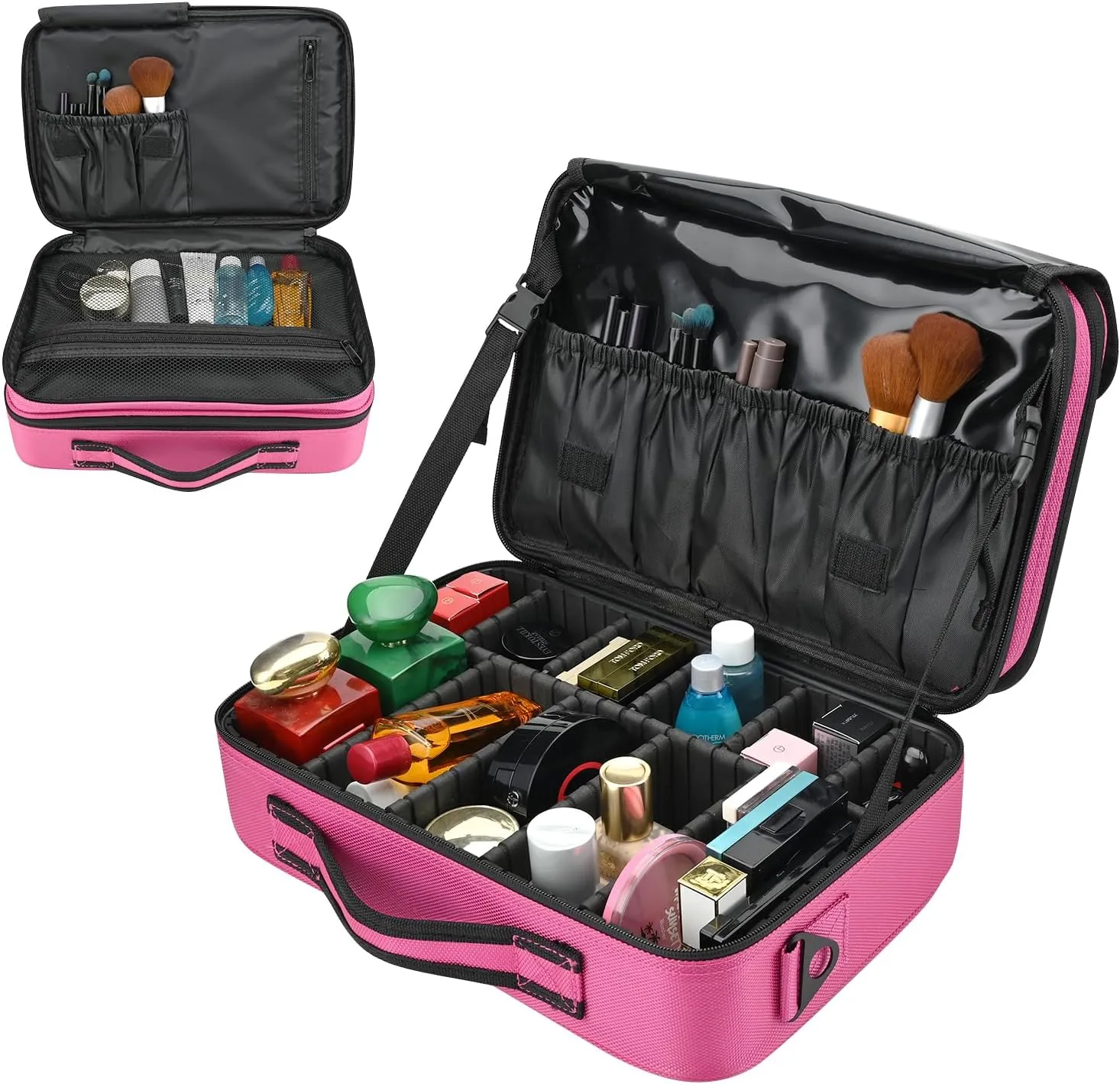 13.5 Inch Makeup Bag travel organizer Cosmetic Case Professional Artist Storage Bag with Adjustable Dividers for Women Cosmetics Brushes Toiletry, Hot Pink