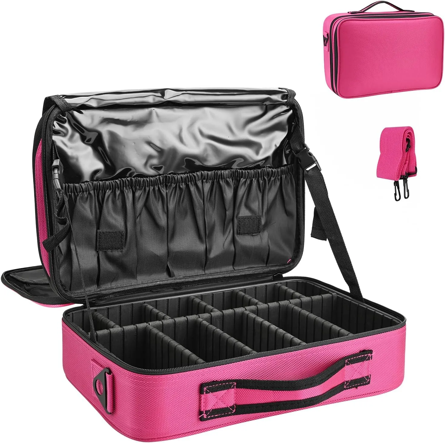 13.5 Inch Makeup Bag travel organizer Cosmetic Case Professional Artist Storage Bag with Adjustable Dividers for Women Cosmetics Brushes Toiletry, Hot Pink