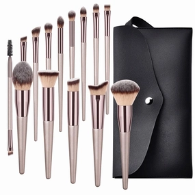 14 Champagne Gold Wood Handle Makeup Brush Beauty Tools Foundation Make Up Eye Shadow Brush Set
