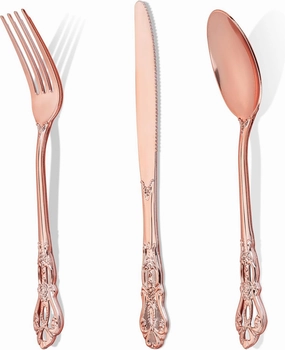 150PCS Rose Gold Plastic Silverware - Heavy Duty Elegant Disposable Utensils - Vintage Rose Gold Cutlery Set Includes 50Forks, 50Spoons, 50Knives for Dinner Parties Weddings