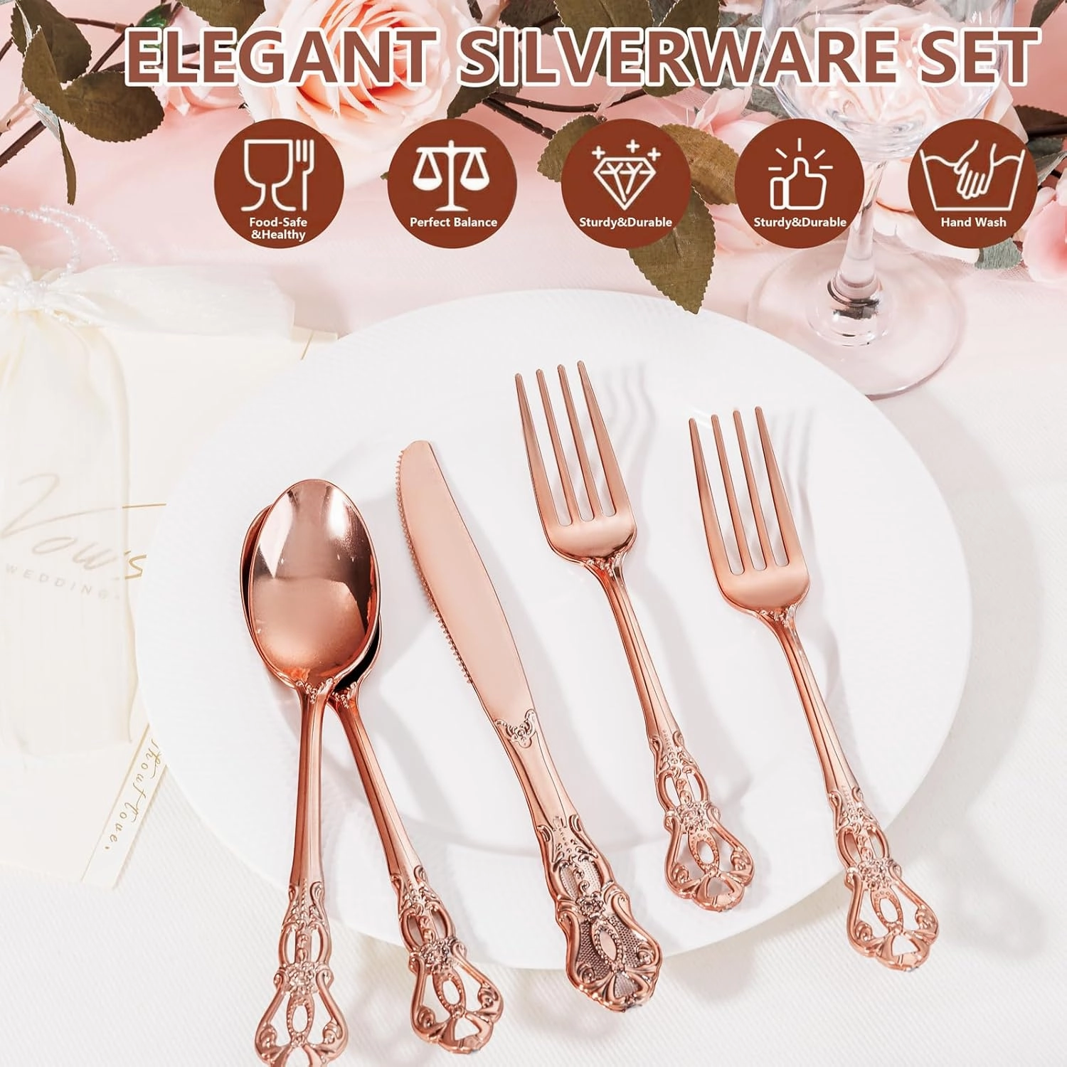 150PCS Rose Gold Plastic Silverware - Heavy Duty Elegant Disposable Utensils - Vintage Rose Gold Cutlery Set Includes 50Forks, 50Spoons, 50Knives for Dinner Parties Weddings