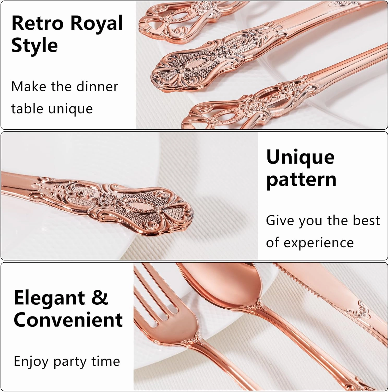 150PCS Rose Gold Plastic Silverware - Heavy Duty Elegant Disposable Utensils - Vintage Rose Gold Cutlery Set Includes 50Forks, 50Spoons, 50Knives for Dinner Parties Weddings