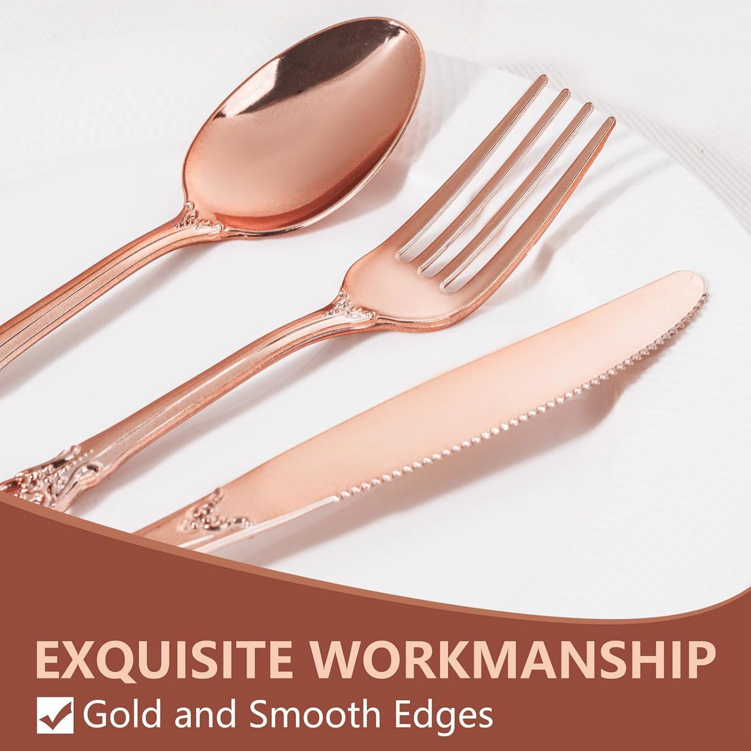 150PCS Rose Gold Plastic Silverware - Heavy Duty Elegant Disposable Utensils - Vintage Rose Gold Cutlery Set Includes 50Forks, 50Spoons, 50Knives for Dinner Parties Weddings