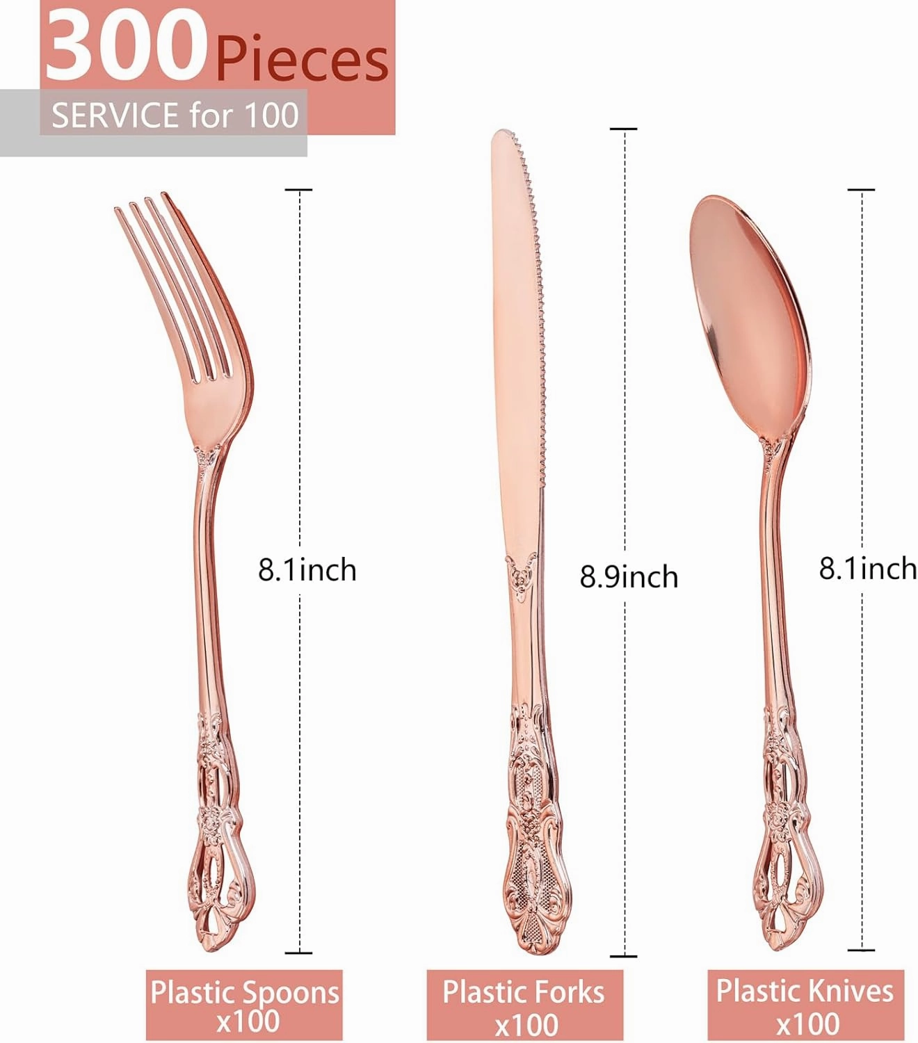 150PCS Rose Gold Plastic Silverware - Heavy Duty Elegant Disposable Utensils - Vintage Rose Gold Cutlery Set Includes 50Forks, 50Spoons, 50Knives for Dinner Parties Weddings