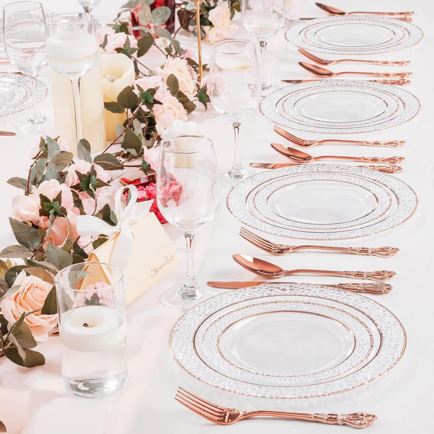 150PCS Rose Gold Plastic Silverware - Heavy Duty Elegant Disposable Utensils - Vintage Rose Gold Cutlery Set Includes 50Forks, 50Spoons, 50Knives for Dinner Parties Weddings