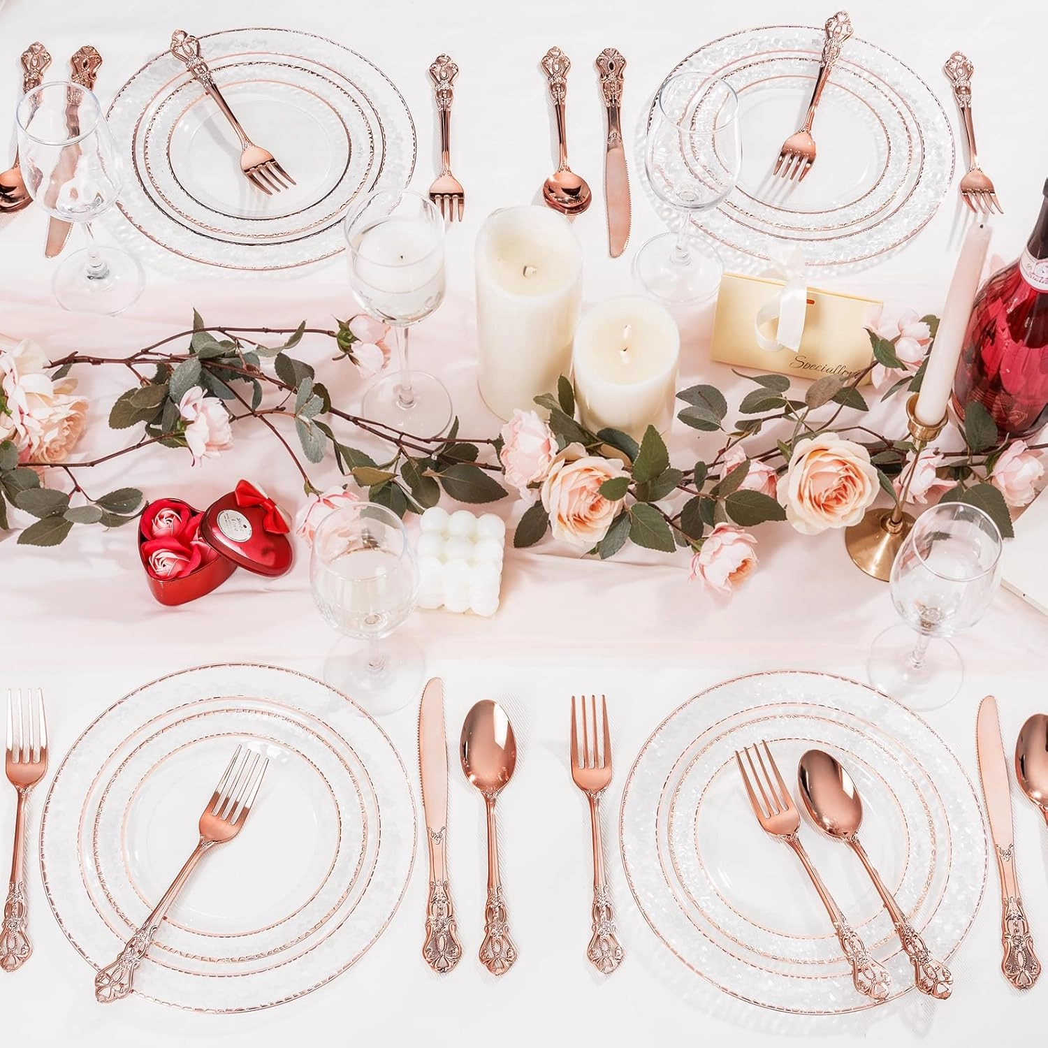 150PCS Rose Gold Plastic Silverware - Heavy Duty Elegant Disposable Utensils - Vintage Rose Gold Cutlery Set Includes 50Forks, 50Spoons, 50Knives for Dinner Parties Weddings