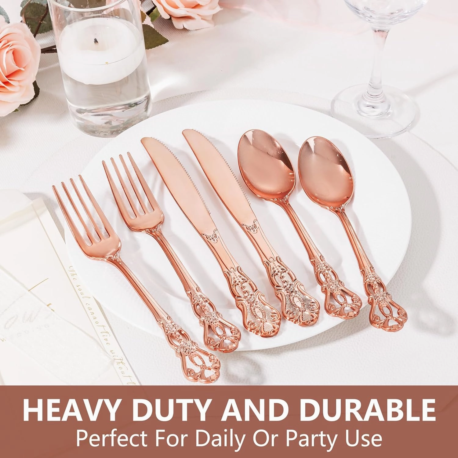 150PCS Rose Gold Plastic Silverware - Heavy Duty Elegant Disposable Utensils - Vintage Rose Gold Cutlery Set Includes 50Forks, 50Spoons, 50Knives for Dinner Parties Weddings