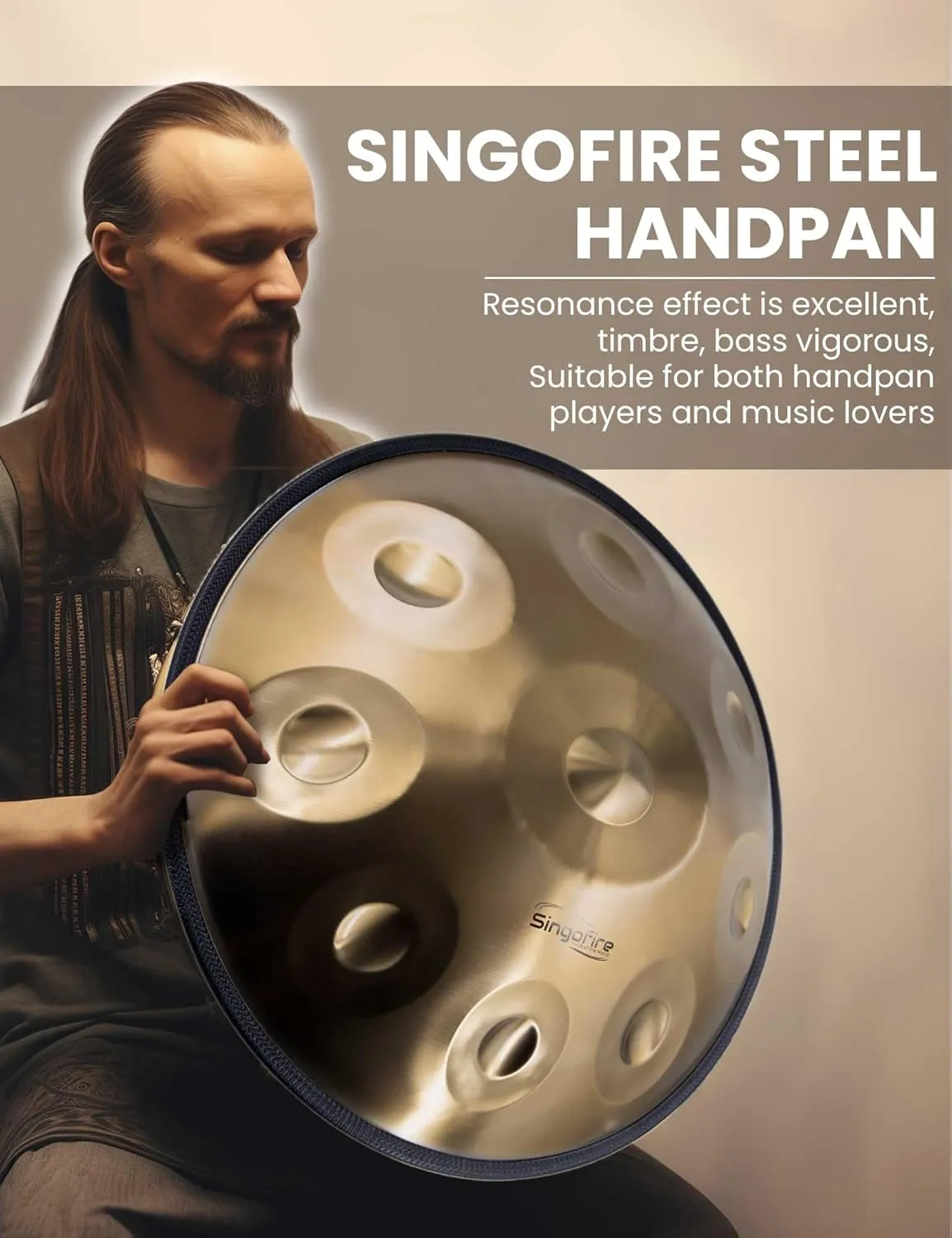 18-Inch Handpan Drum, 9-Notes for Adults, 440Hz D Minor Kurd, Soft Bag, Mallets, Stand and Dust-Free Cloth (Gold)