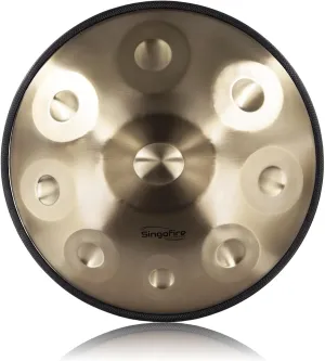 18-Inch Handpan Drum, 9-Notes for Adults, 440Hz D Minor Kurd, Soft Bag, Mallets, Stand and Dust-Free Cloth (Gold)