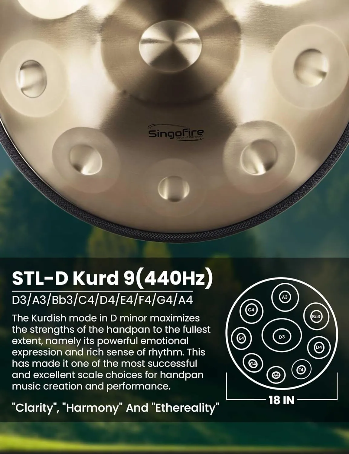 18-Inch Handpan Drum, 9-Notes for Adults, 440Hz D Minor Kurd, Soft Bag, Mallets, Stand and Dust-Free Cloth (Gold)