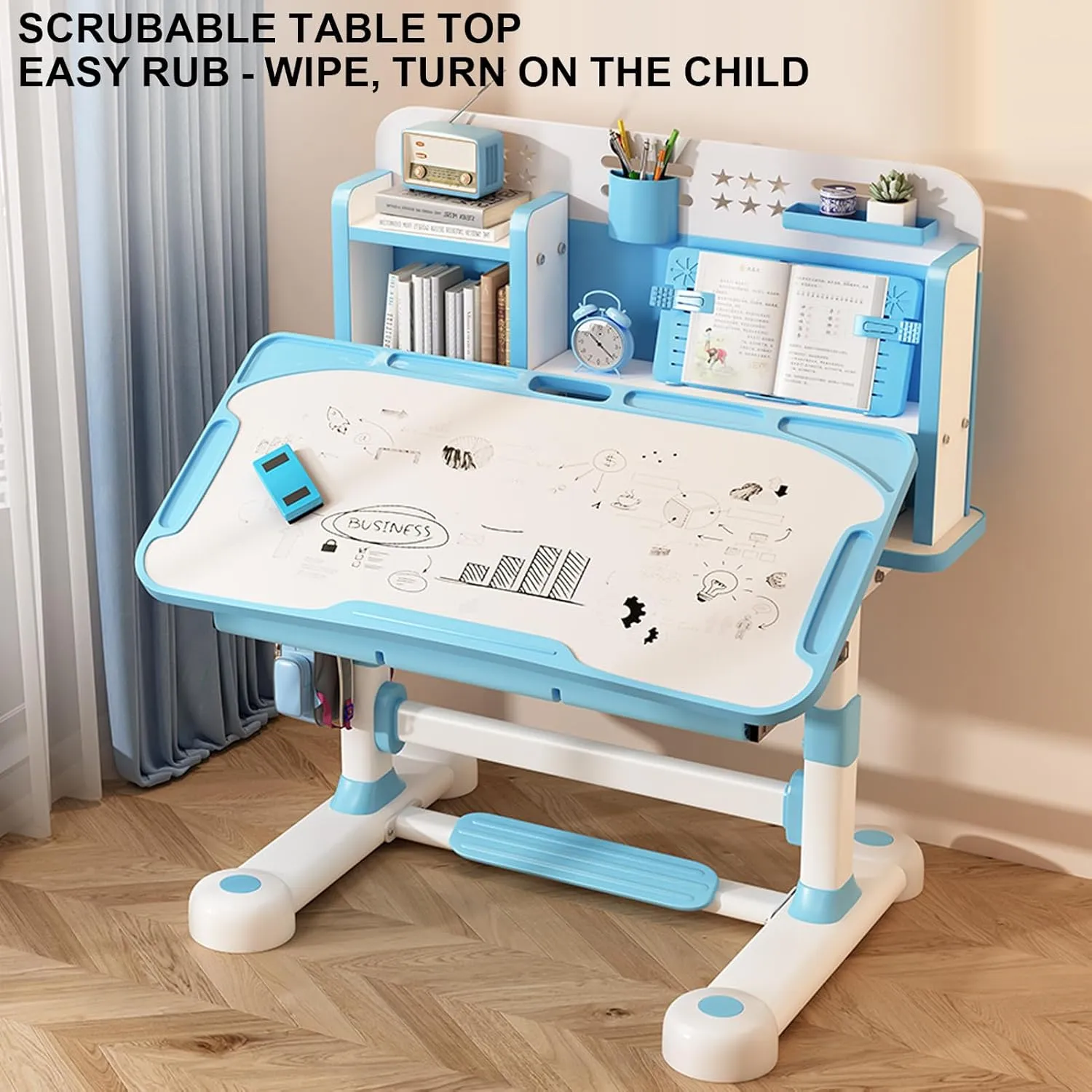2025 Upgraded Kids Desk and Chair Set, 50 Degree Tiltable&Height Adjustable Kids Desk with Storage Drawers and Bookshelf, Ergonomic Study Table for Kids (Blue-New Type)