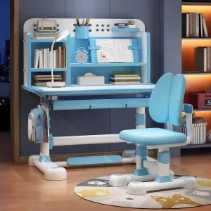 2025 Upgraded Kids Desk and Chair Set, 50 Degree Tiltable&Height Adjustable Kids Desk with Storage Drawers and Bookshelf, Ergonomic Study Table for Kids (Blue-New Type)