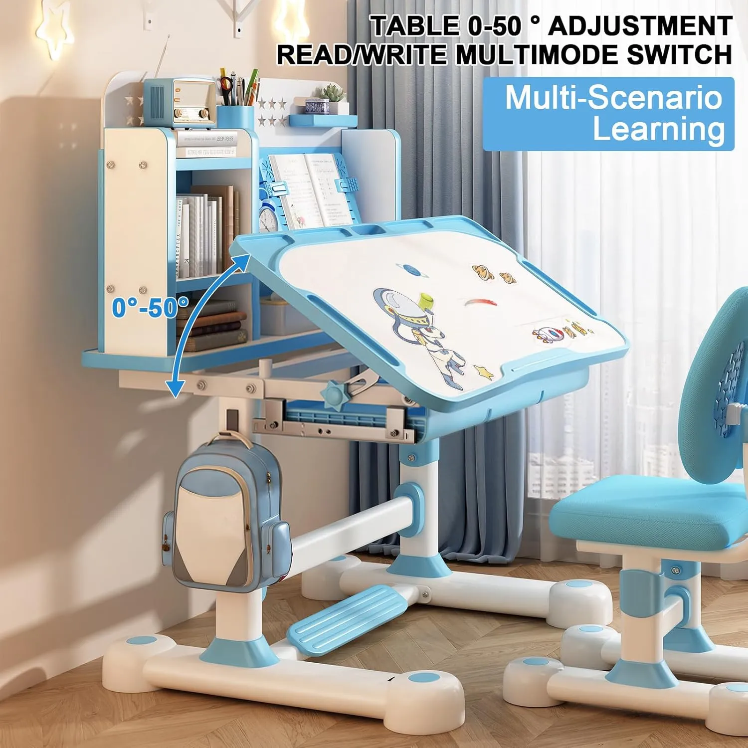 2025 Upgraded Kids Desk and Chair Set, 50 Degree Tiltable&Height Adjustable Kids Desk with Storage Drawers and Bookshelf, Ergonomic Study Table for Kids (Blue-New Type)