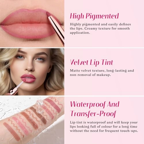 2 PCS Lip Liner and Lip Stain Combo Set, High Pigmented Long Lasting Velvet Lip Tint, Well-Defined Lipliner, Weightless Waterproof Not Animal Tested, Matte Finish Makeup
