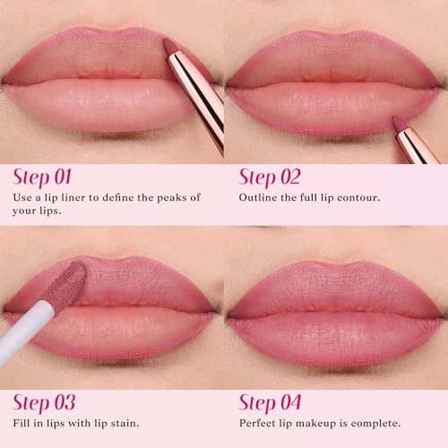 2 PCS Lip Liner and Lip Stain Combo Set, High Pigmented Long Lasting Velvet Lip Tint, Well-Defined Lipliner, Weightless Waterproof Not Animal Tested, Matte Finish Makeup