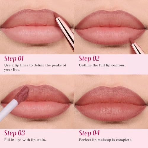 2 PCS Lip Liner and Lip Stain Combo Set, High Pigmented Long Lasting Velvet Lip Tint, Well-Defined Lipliner, Weightless Waterproof Not Animal Tested, Matte Finish Makeup