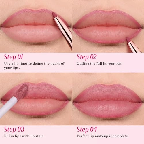 2 PCS Lip Liner and Lip Stain Combo Set, High Pigmented Long Lasting Velvet Lip Tint, Well-Defined Lipliner, Weightless Waterproof Not Animal Tested, Matte Finish Makeup