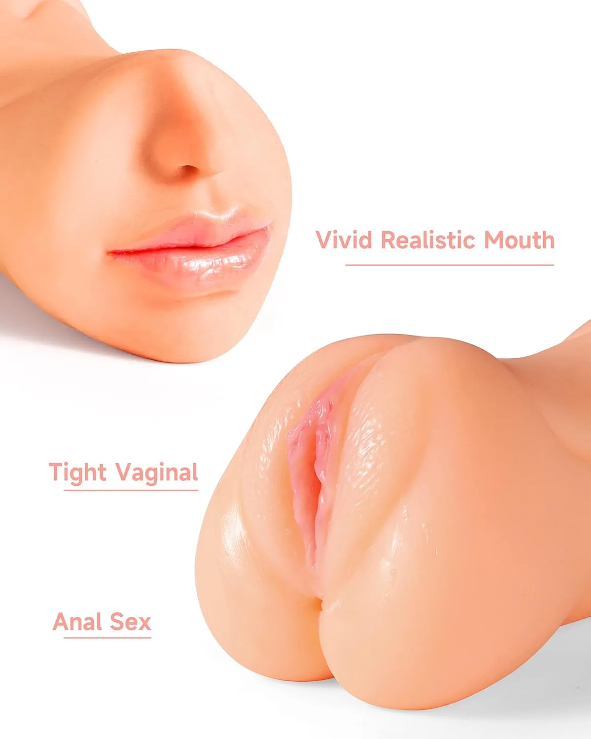 3 in 1 Male Masturbator Adult Sex Toys, Pocket Pussy with Real Mouth Tongue 3D Textured Vagina & Tight Anus & Drying Stick, Sex Doll Male Blowjob Stroker Toy for Man Masturbation (Flesh)