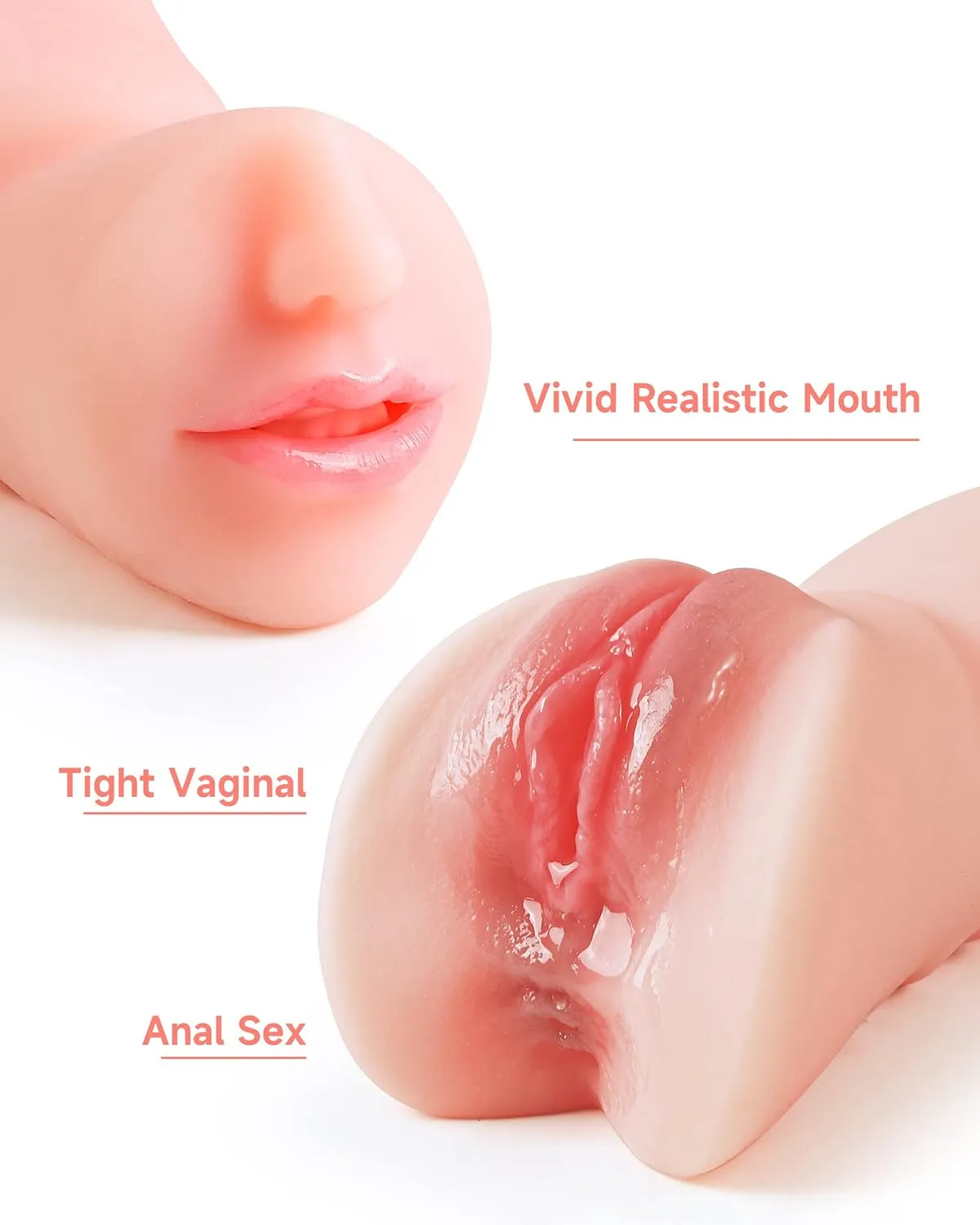 3 in 1 Pocket Pussy Male Masturbator, Sex Doll with 3D Textured Vagina & Tight Anus & Drying Stick, Adult Sex Toy Male Blowjob Stroker with Real Mouth Tongue for Man Masturbation (Fair Skin)