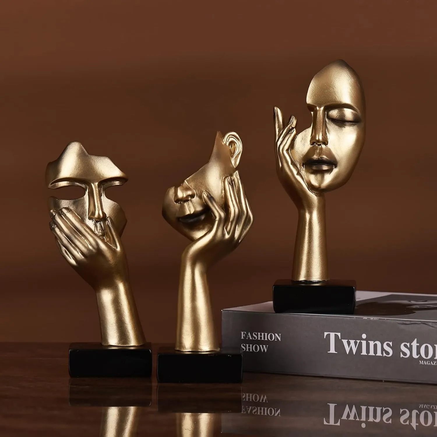 3 Pcs Thinker Small Statue Set - Golden Black Abstract Art Sculpture Modern Living Room Shelf Aesthetic Decor Coffee Table Office Bookshelf Bathroom Counter Decor (3 PCS Gold)