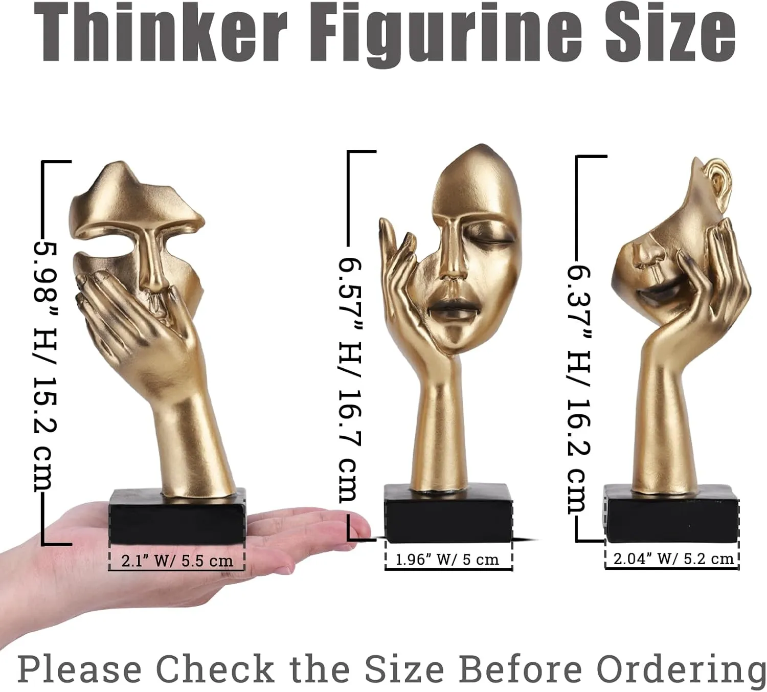 3 Pcs Thinker Small Statue Set - Golden Black Abstract Art Sculpture Modern Living Room Shelf Aesthetic Decor Coffee Table Office Bookshelf Bathroom Counter Decor (3 PCS Gold)