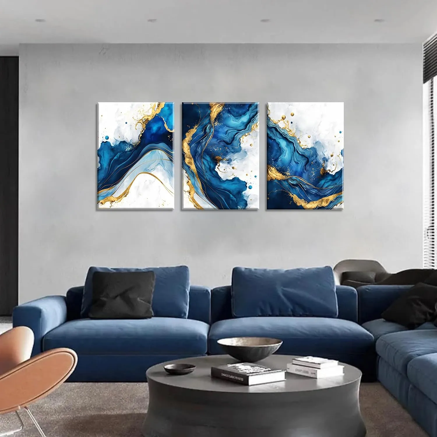 3Pcs Blue Gold Abstract Canvas Wall Art Modern White Blue Gold Foil Wall Decor Pictures Navy Blue and Gold Luxury Marble Posters Prints for Living Room Bedroom Home Decoration 12x16in