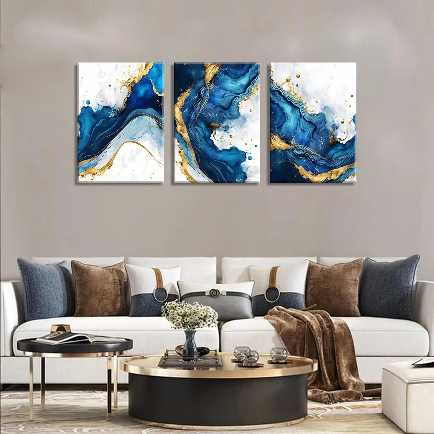 3Pcs Blue Gold Abstract Canvas Wall Art Modern White Blue Gold Foil Wall Decor Pictures Navy Blue and Gold Luxury Marble Posters Prints for Living Room Bedroom Home Decoration 12x16in