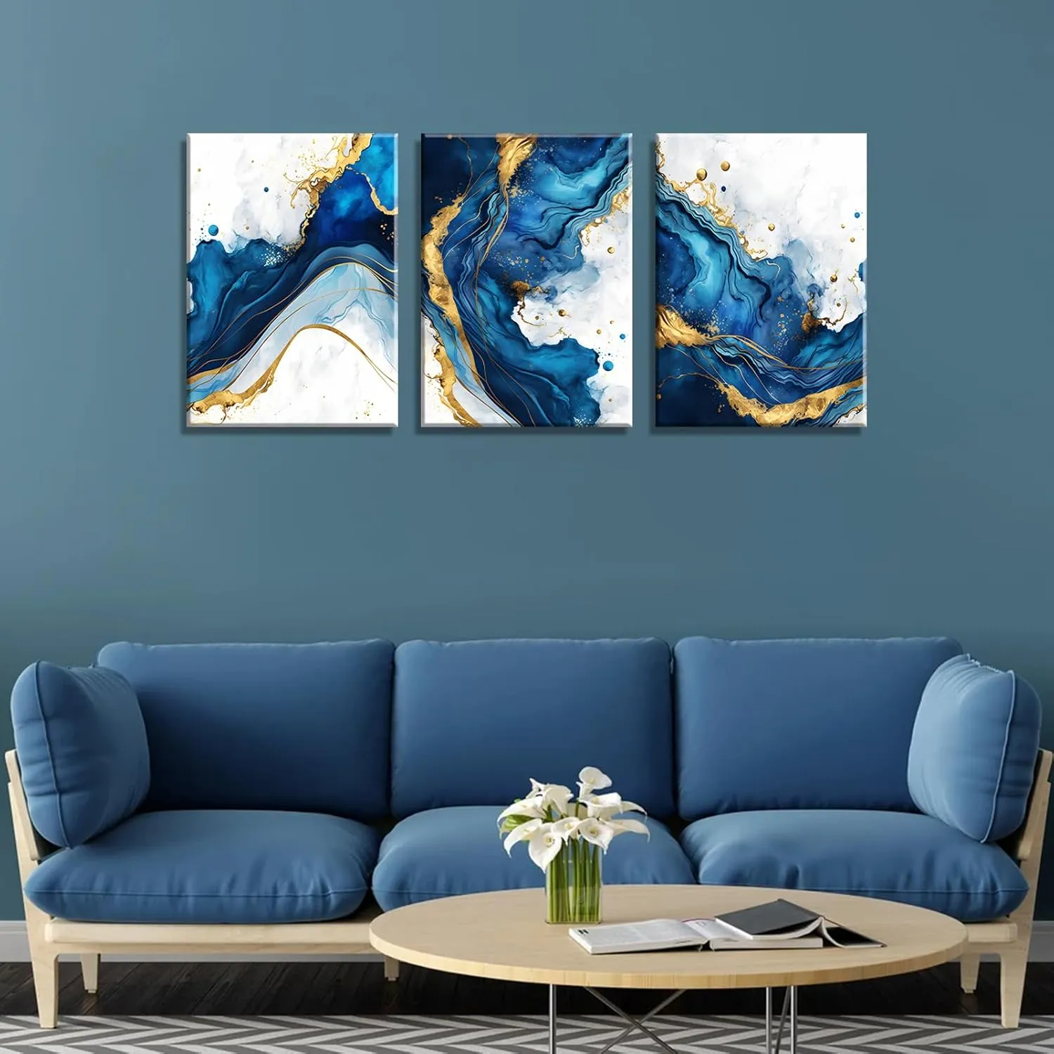 3Pcs Blue Gold Abstract Canvas Wall Art Modern White Blue Gold Foil Wall Decor Pictures Navy Blue and Gold Luxury Marble Posters Prints for Living Room Bedroom Home Decoration 12x16in