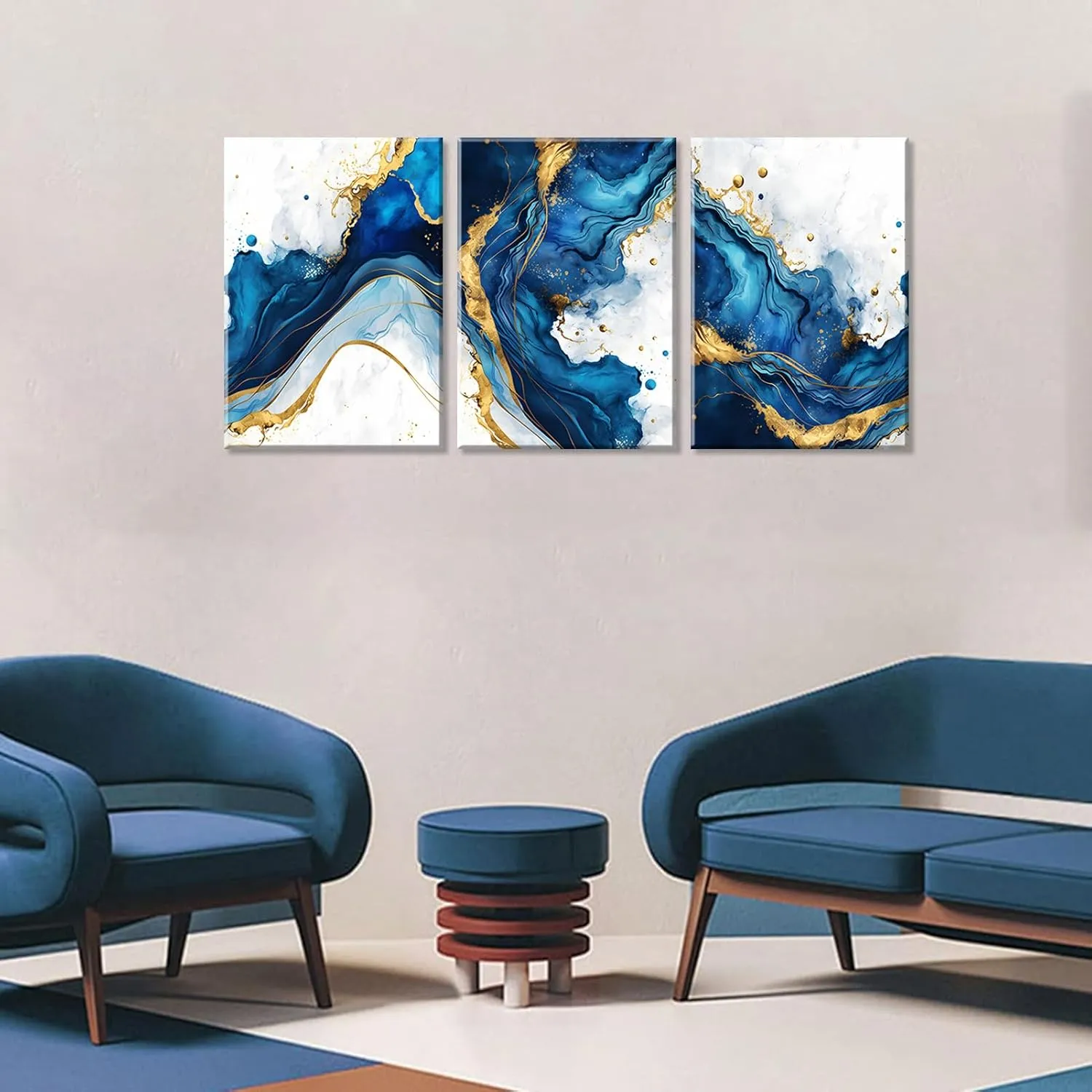 3Pcs Blue Gold Abstract Canvas Wall Art Modern White Blue Gold Foil Wall Decor Pictures Navy Blue and Gold Luxury Marble Posters Prints for Living Room Bedroom Home Decoration 12x16in
