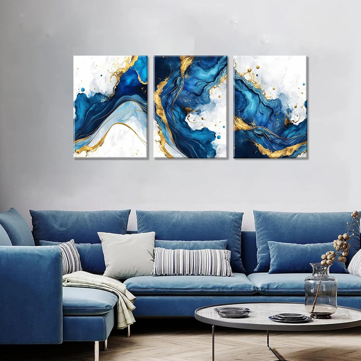 3Pcs Blue Gold Abstract Canvas Wall Art Modern White Blue Gold Foil Wall Decor Pictures Navy Blue and Gold Luxury Marble Posters Prints for Living Room Bedroom Home Decoration 12x16in
