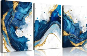 3Pcs Blue Gold Abstract Canvas Wall Art Modern White Blue Gold Foil Wall Decor Pictures Navy Blue and Gold Luxury Marble Posters Prints for Living Room Bedroom Home Decoration 12x16in
