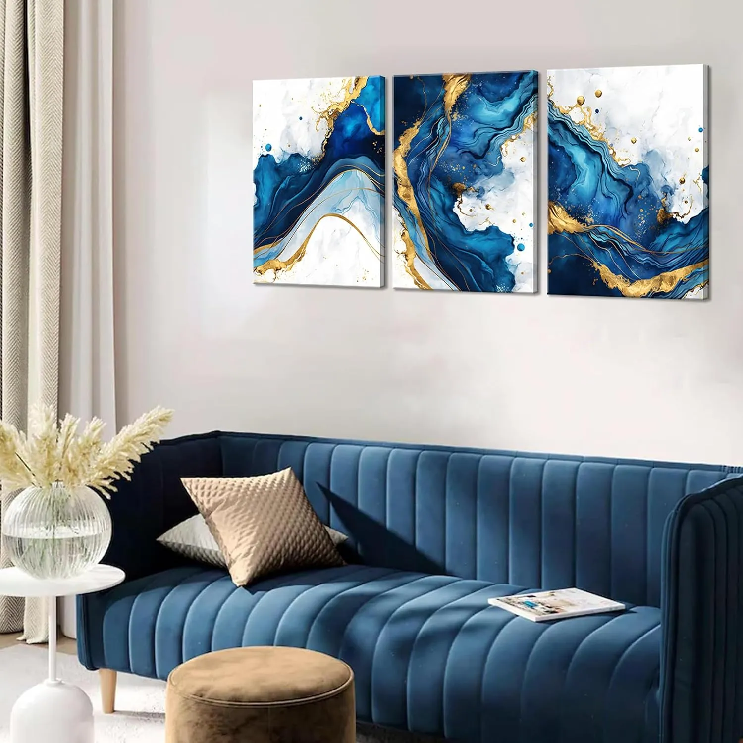 3Pcs Blue Gold Abstract Canvas Wall Art Modern White Blue Gold Foil Wall Decor Pictures Navy Blue and Gold Luxury Marble Posters Prints for Living Room Bedroom Home Decoration 12x16in