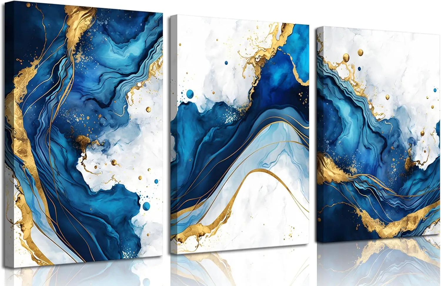 3Pcs Blue Gold Abstract Canvas Wall Art Modern White Blue Gold Foil Wall Decor Pictures Navy Blue and Gold Luxury Marble Posters Prints for Living Room Bedroom Home Decoration 12x16in