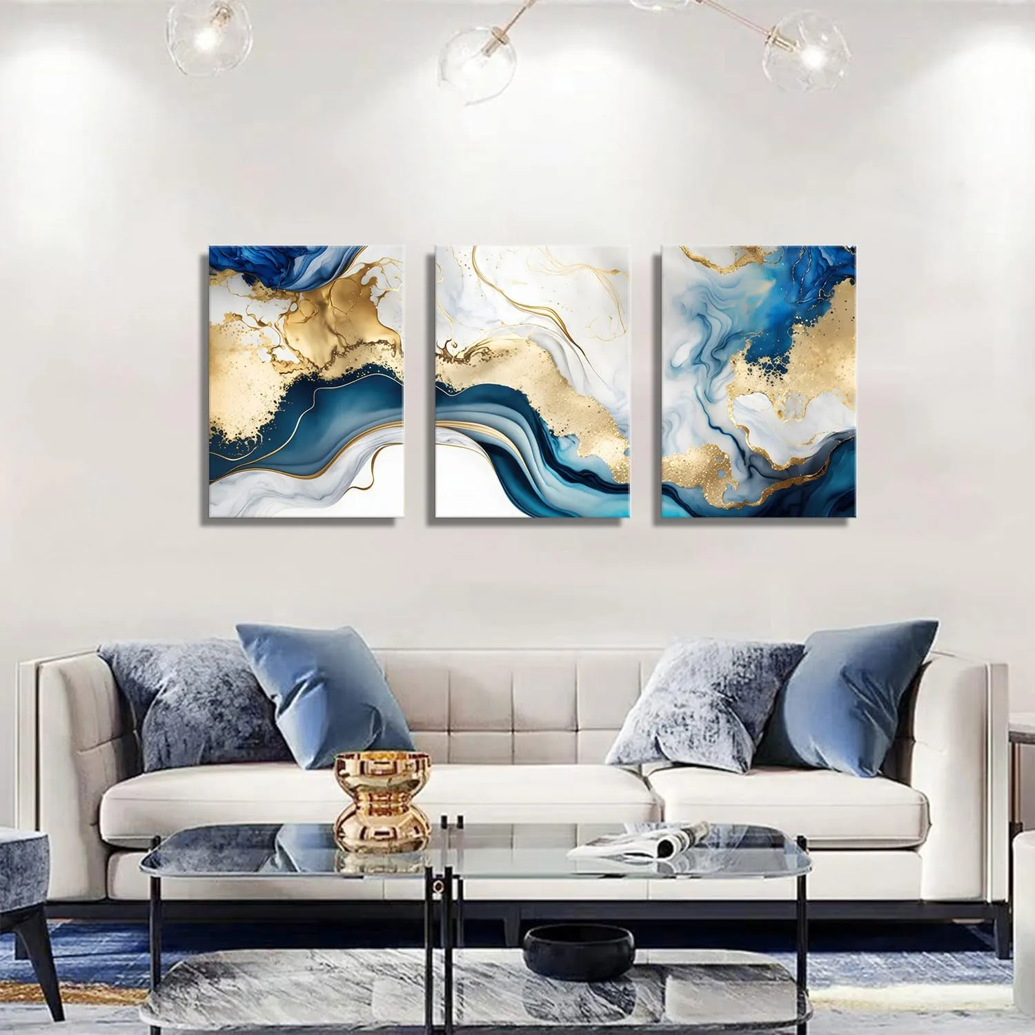 3Pcs Blue Gold Marble Canvas Wall Art Abstract Blue Gold White Wall Decor Pictures Modern Paintings Posters Prints for Living Room Bedroom Office Home Decoration, Ready to Hang